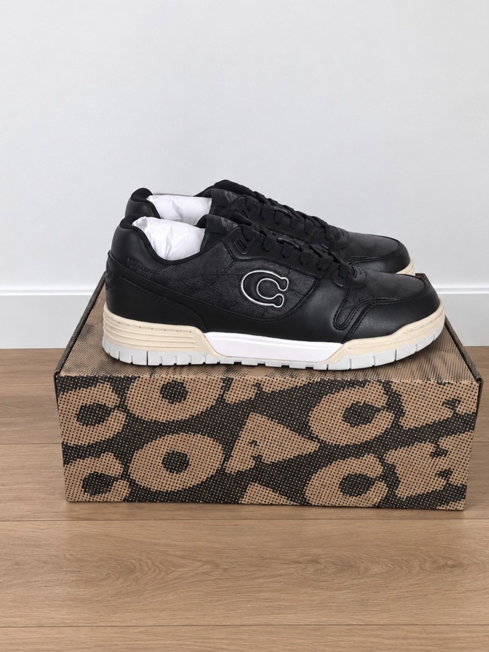 Coach SOHO Men’s Black Leather Sneakers with Cream and White Midsole